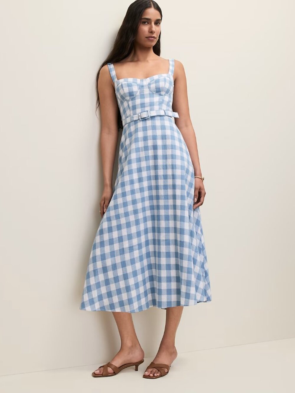 Ann Taylor Petite Gingham Belted Midi Dress in Linen Blend